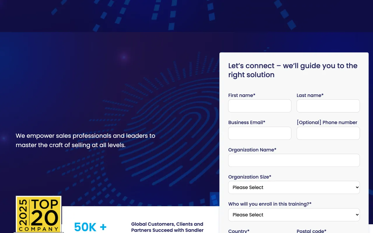 Sandler Training site, the Sandler Selling System with 50,000+ global customers