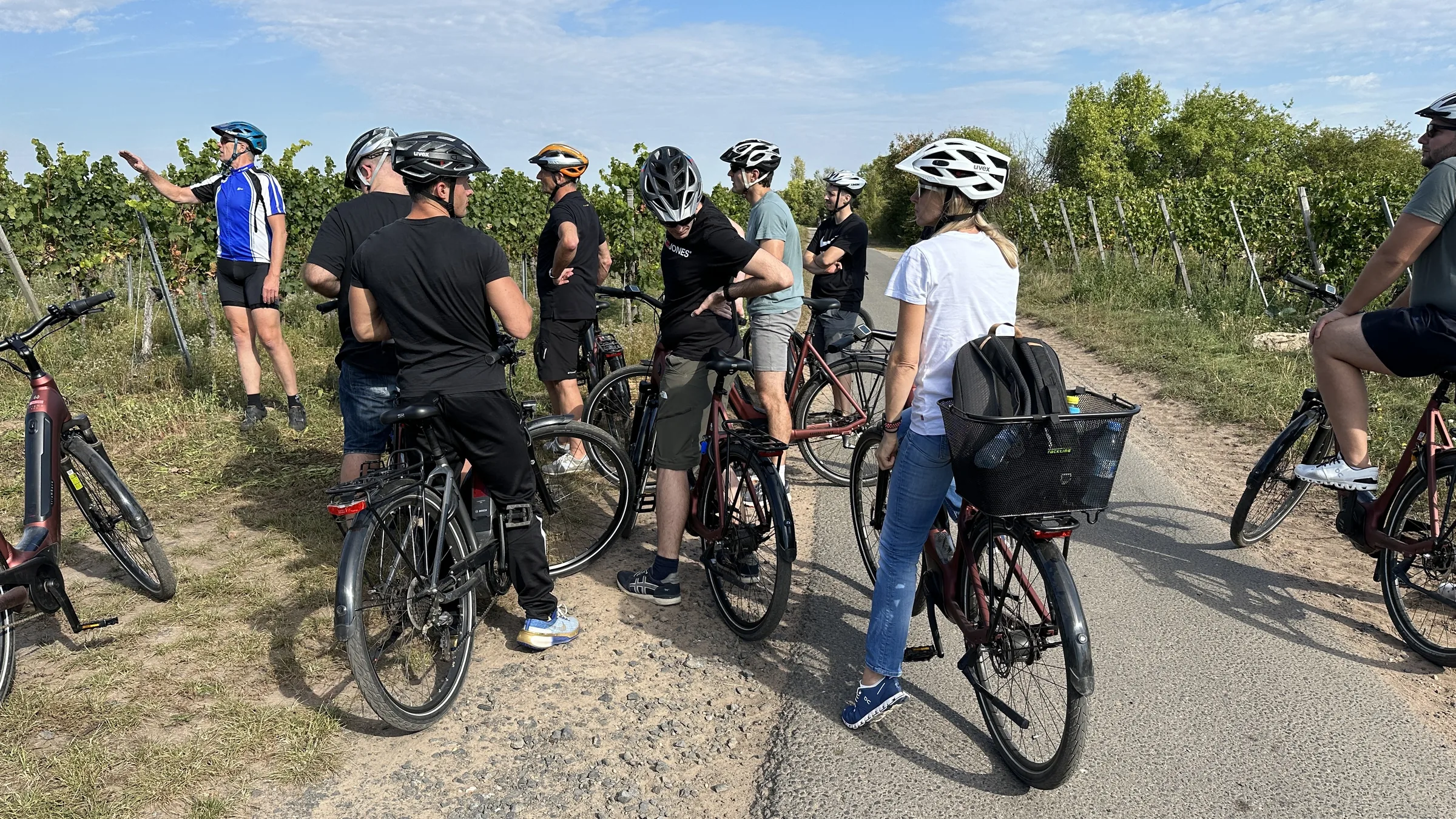 Gruppe mit E-Bikes und Helmen auf einem Kiesweg durch die Rebberge