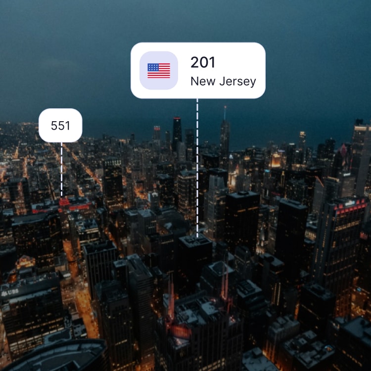 City skyline of Jersey City & Hoboken showing the 201 area code and surrounding area codes