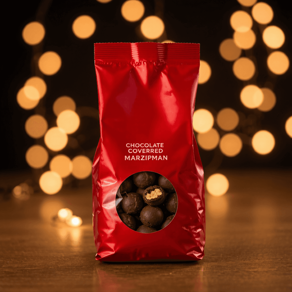 product photography of a bag of chocolate-covered marzipan candies
