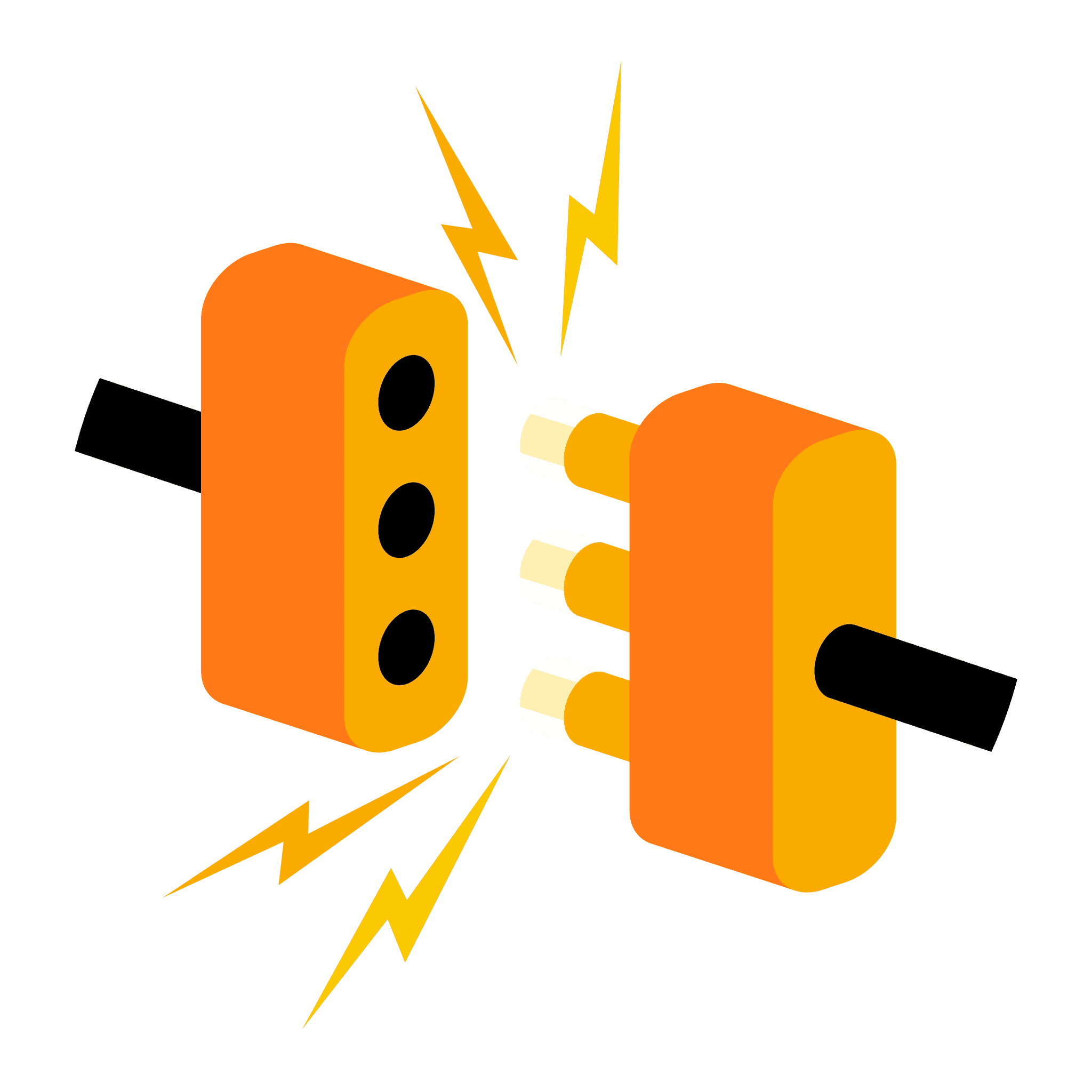 Gestileerd beeld van een oranje en gele stekker met bliksemschichten, die de kracht van API-integratie vertegenwoordigen.