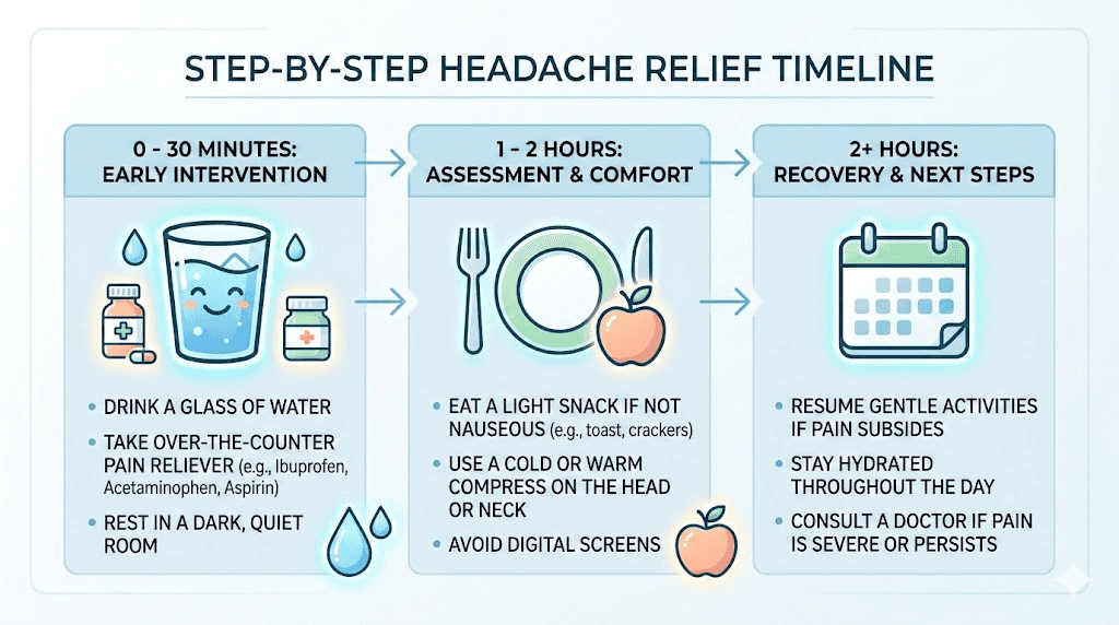 Tirzepatide headache treatment timeline showing step-by-step relief actions