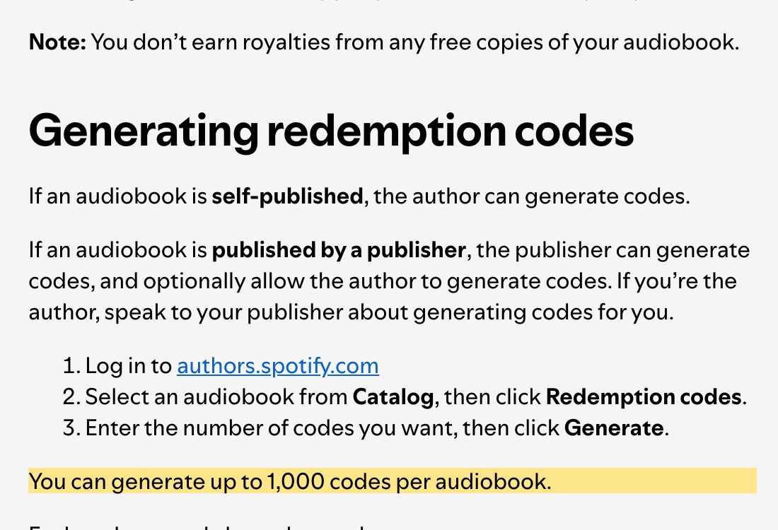 Spotify’s help page on redemption codes, highlighting up to 1,000 codes per audiobook