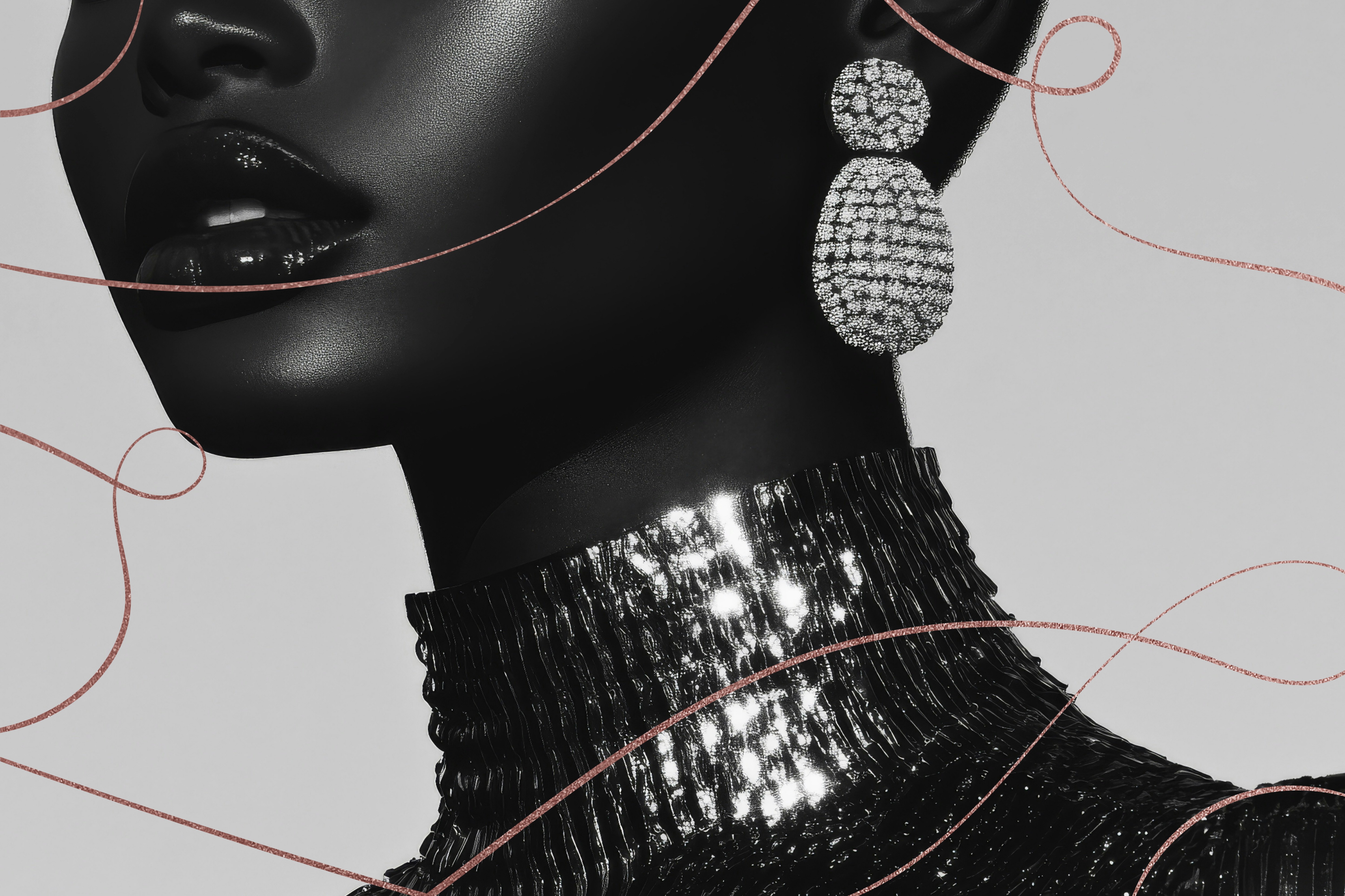 A close-up of a model with deep skin tone wearing sparkling diamond earrings and a high-neck shimmering dress, with flowing gold accents adding an artistic touch.