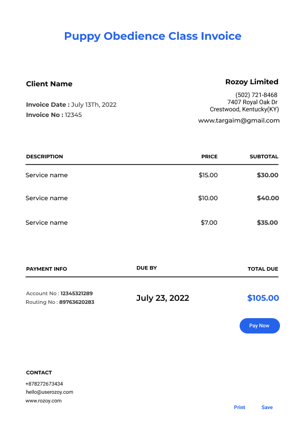 Puppy Obedience Class Invoice