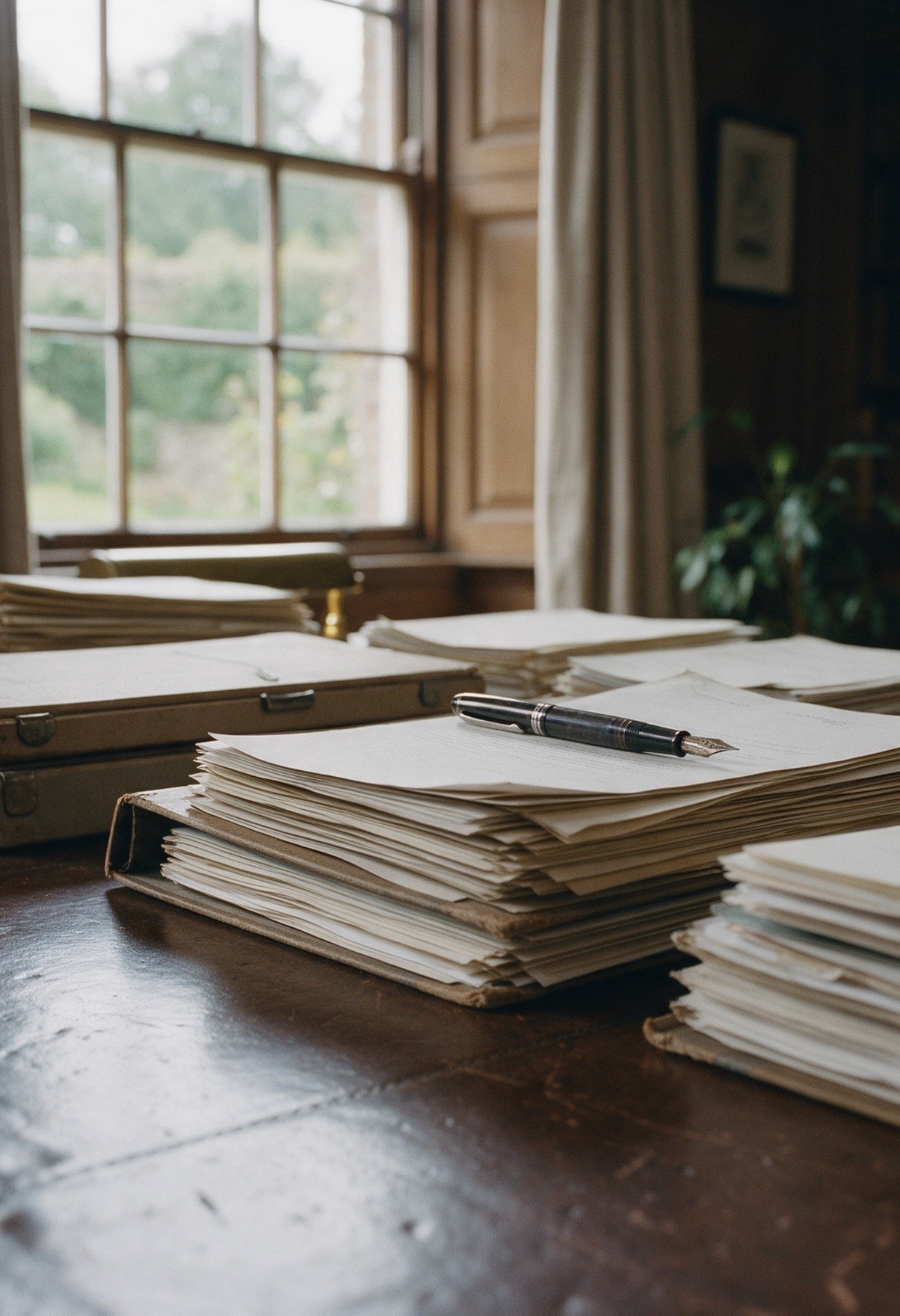 Stacked legal papers and a fountain pen on a panelled office desk
