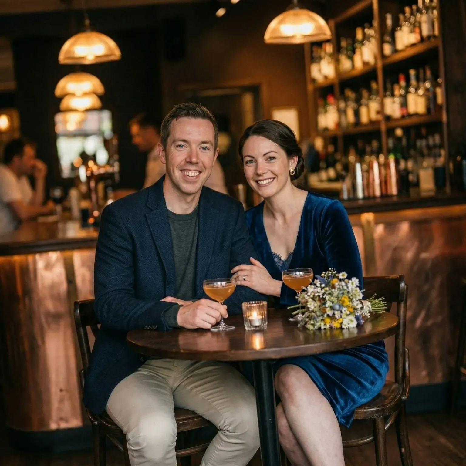 Couple smiling at a bar table with cocktails and a small bouquet of flowers.