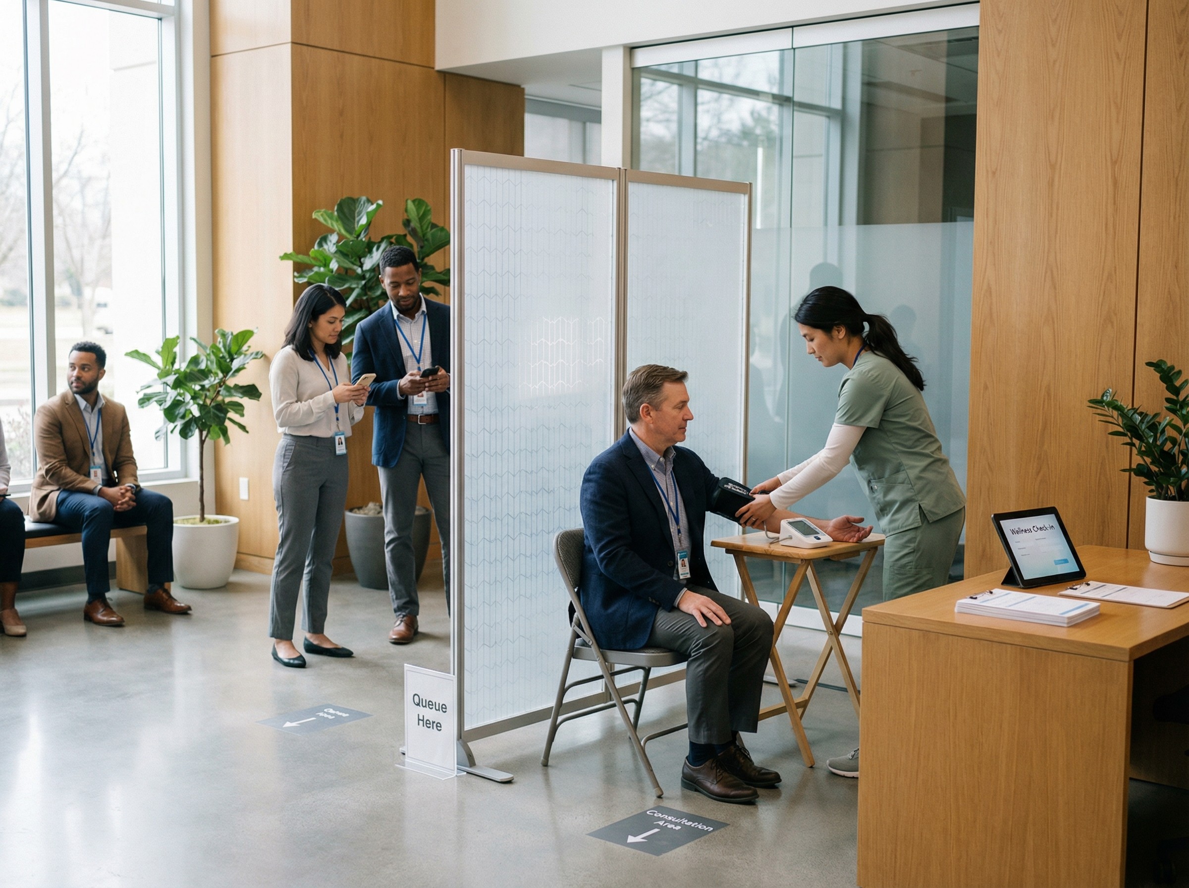 In einer Firmenlobby misst eine medizinische Fachkraft den Blutdruck eines Mitarbeiters, der auf einem Klappstuhl sitzt. Ein diskreter Sichtschutz sorgt für Privatsphäre. Wechselnde Namensschilder und aufgestellte Wegweiser strukturieren den Raum. Menschen warten ruhig, alles läuft in einem flüssigen Takt.