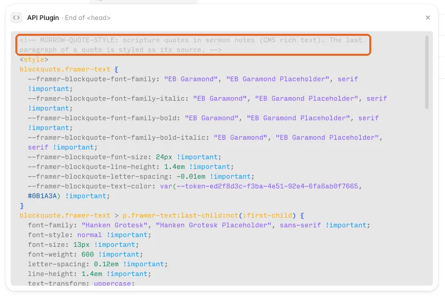 An opened custom code entry with its MORROW comment marked