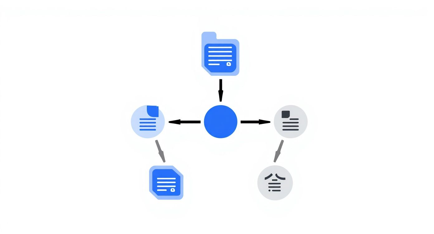 Flussdiagramm mit zentralem blauen Knotenpunkt, der die Beziehung zwischen verschiedenen Dokument- und Ordnersymbolen darstellt.