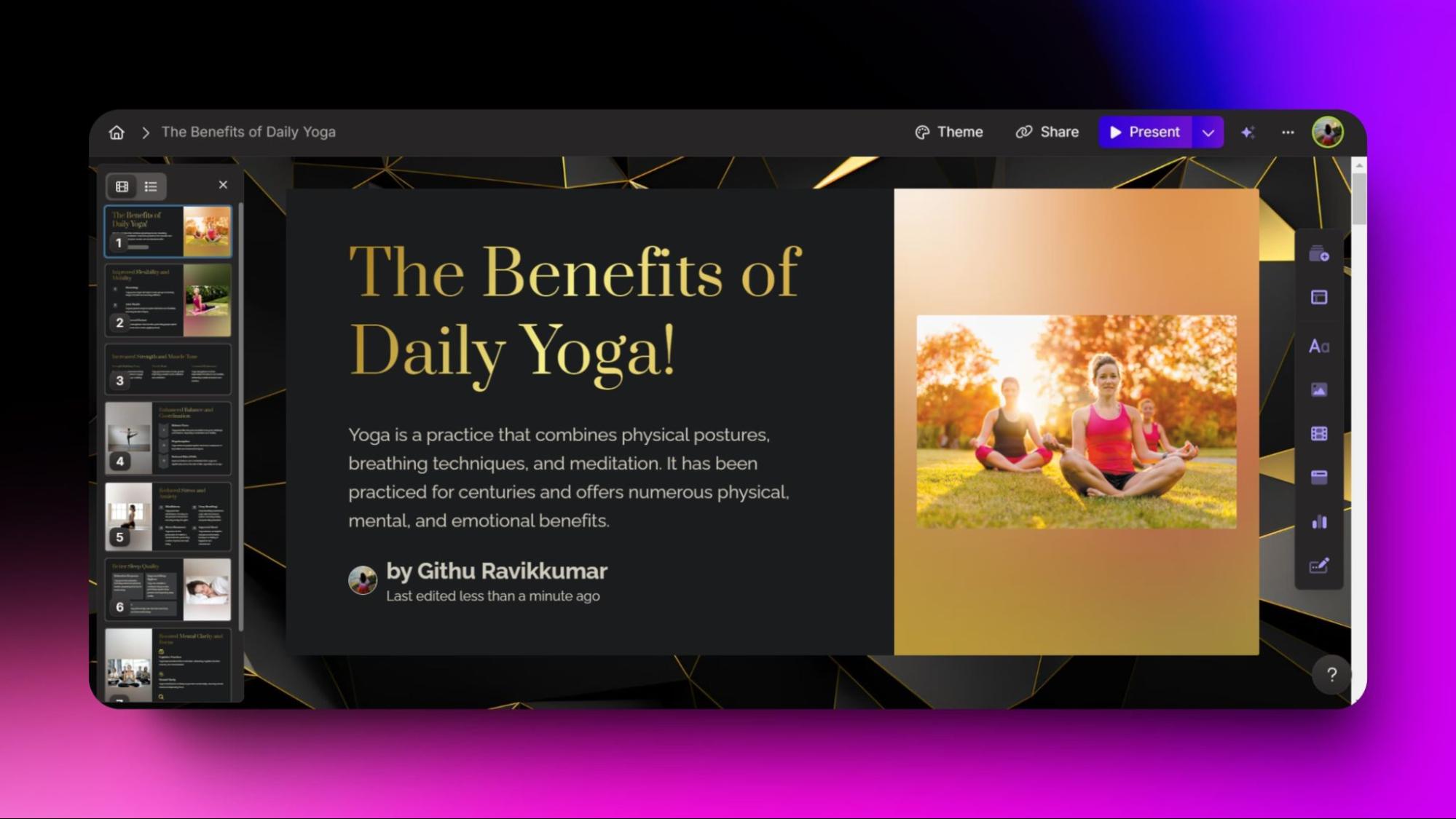 Screenshot of a yoga presentation, titled "The Benefits of Daily Yoga," with an image of people practicing yoga outdoors in the slide.