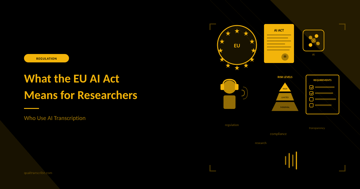 Blog cover with EU stars emblem, AI Act document, risk pyramid, and researcher with headphones on black background.