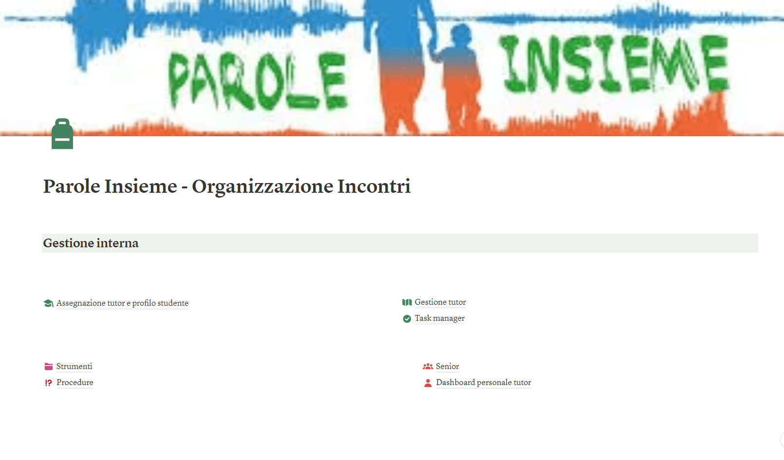La home del nuovo sistema Notion di Parole Insieme appena costruito