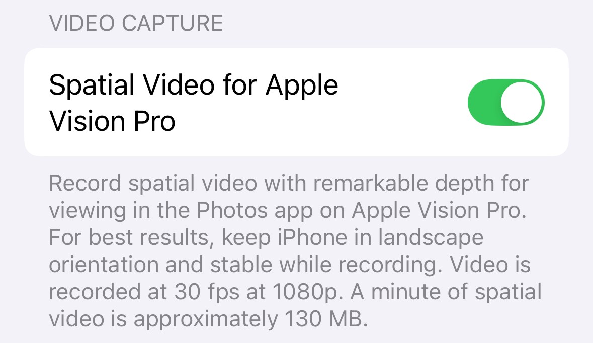 A screenshot of the iPhone 15 Pro to switch on the spatial video feature.