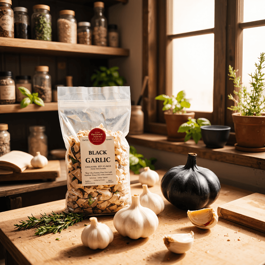 product photography of bag of garlic and two pieces of black garlic