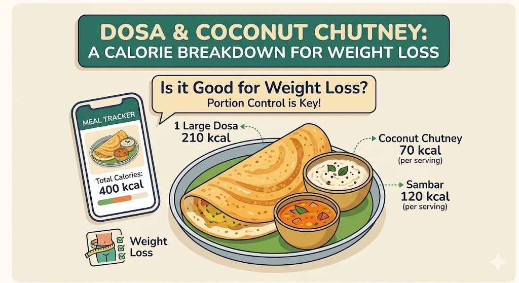 An illustrative infographic analyzing the calorie content of a Dosa meal for weight loss, including breakdown of 1 large dosa (210 kcal), coconut chutney (70 kcal), and sambar (120 kcal), alongside a meal tracker app showing a 400 total kcal count.