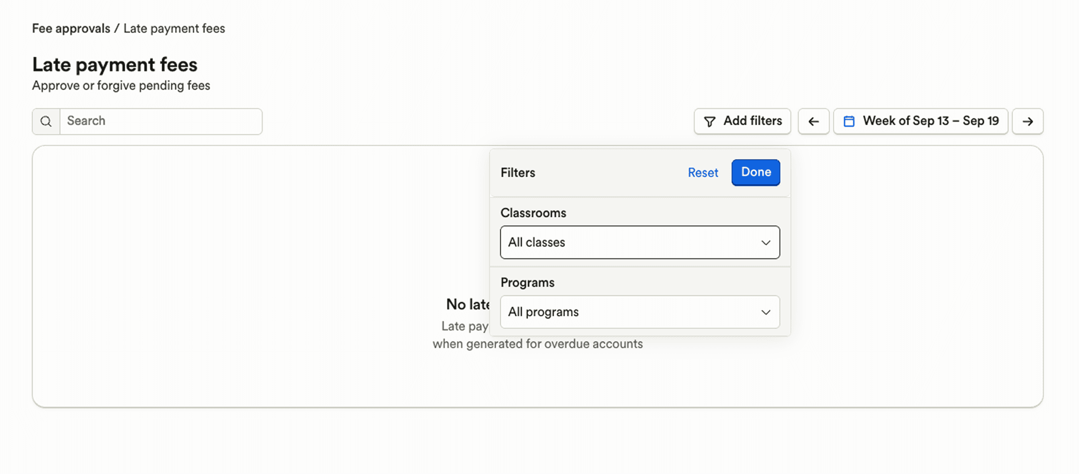 Late payment fees filter panel in Playground showing Classrooms and Programs dropdown filters