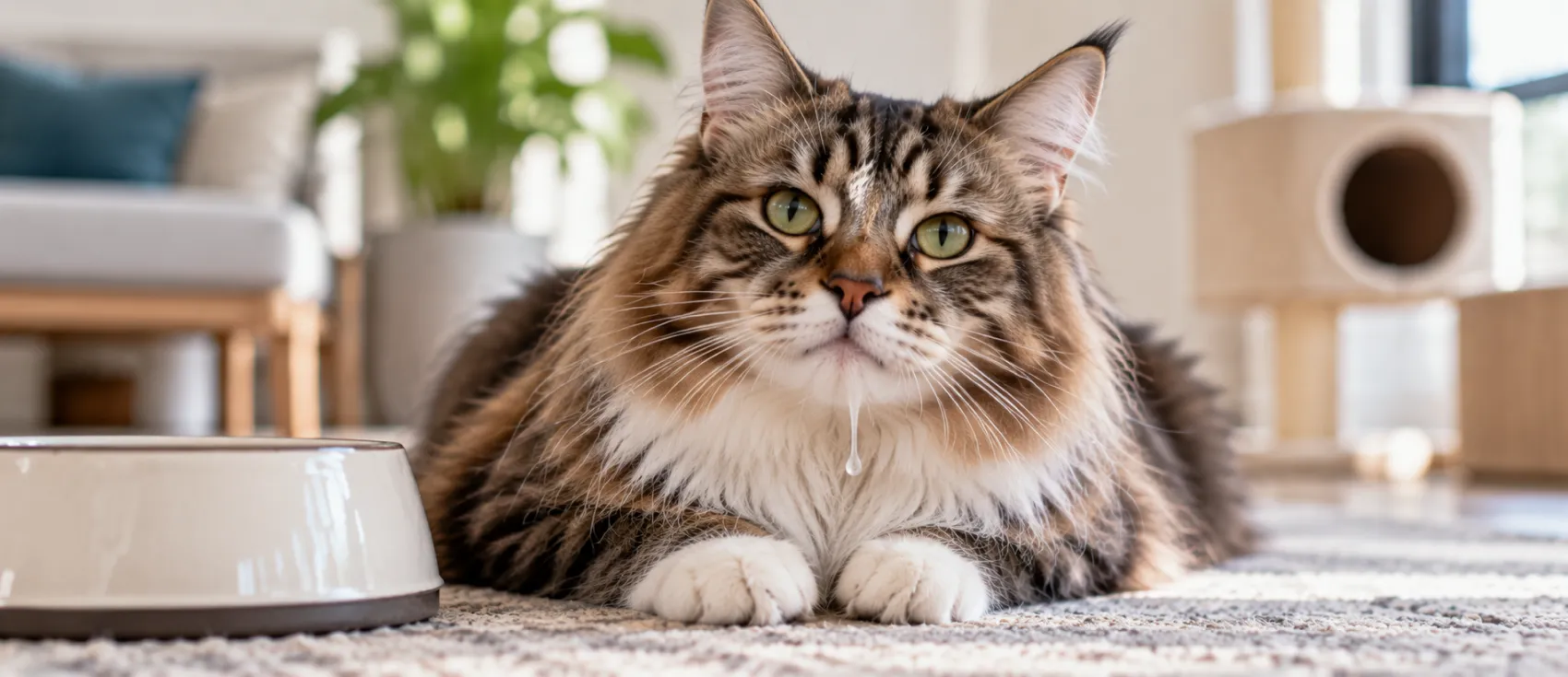 Maine coon cat drooling while lying beside its food bowl.