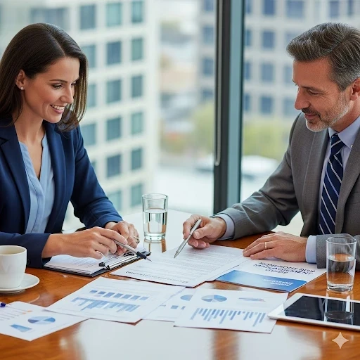 Advisor meeting with clients to review insurance documents