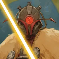 Marchion Ro with his Nihil Helmet with a glowing red center wielding a yellow lightsaber