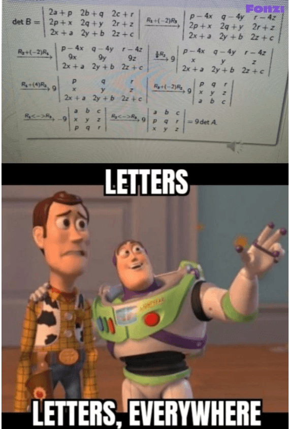 Funny meme combining a complex matrix of algebraic expressions with Toy Story characters reacting to the overwhelming presence of variables.