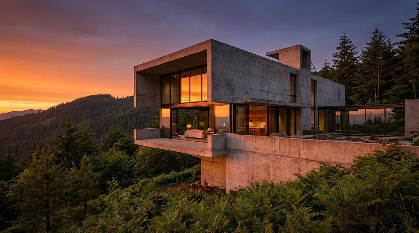 Exterior view of Casa Mirante, a brutalist concrete home cantilevered over a lush green mountainside at sunset.
