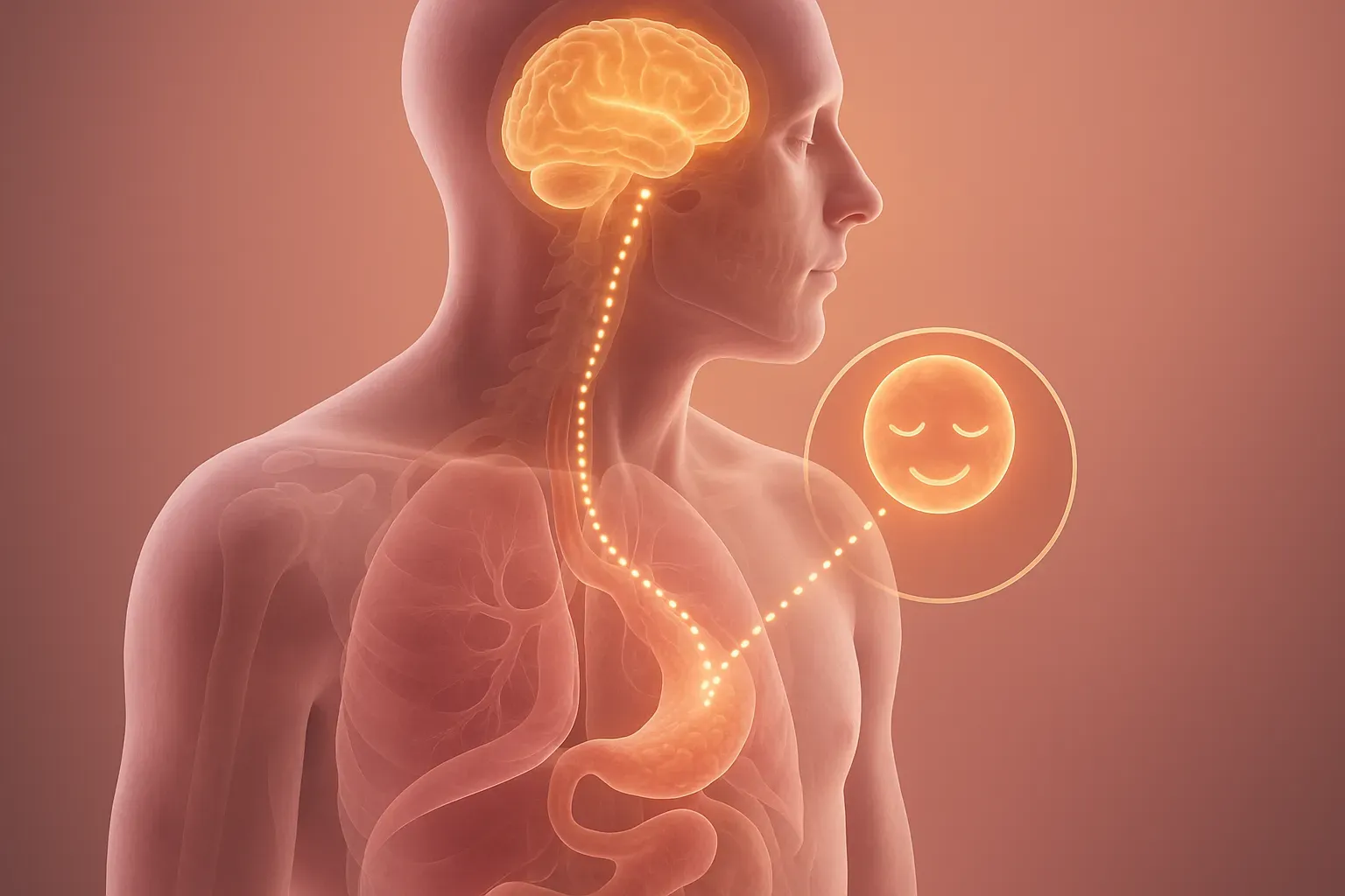 Side-view semi-transparent torso showing gut-to-brain GLP-1 signal with a glowing, relaxed face icon