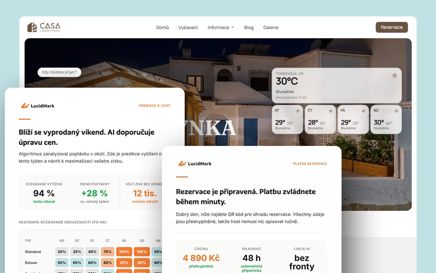 Moderní rezervační systém pro ubytování s integrací umělé inteligence pro optimalizaci cen a online platbou na ukázce webu Casa Leontynka.