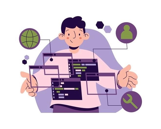 Illustration of a person surrounded by code windows and tech icons, symbolizing the contrast between adaptive software development and traditional methods through modern tools, global connectivity, and user-centric design.
