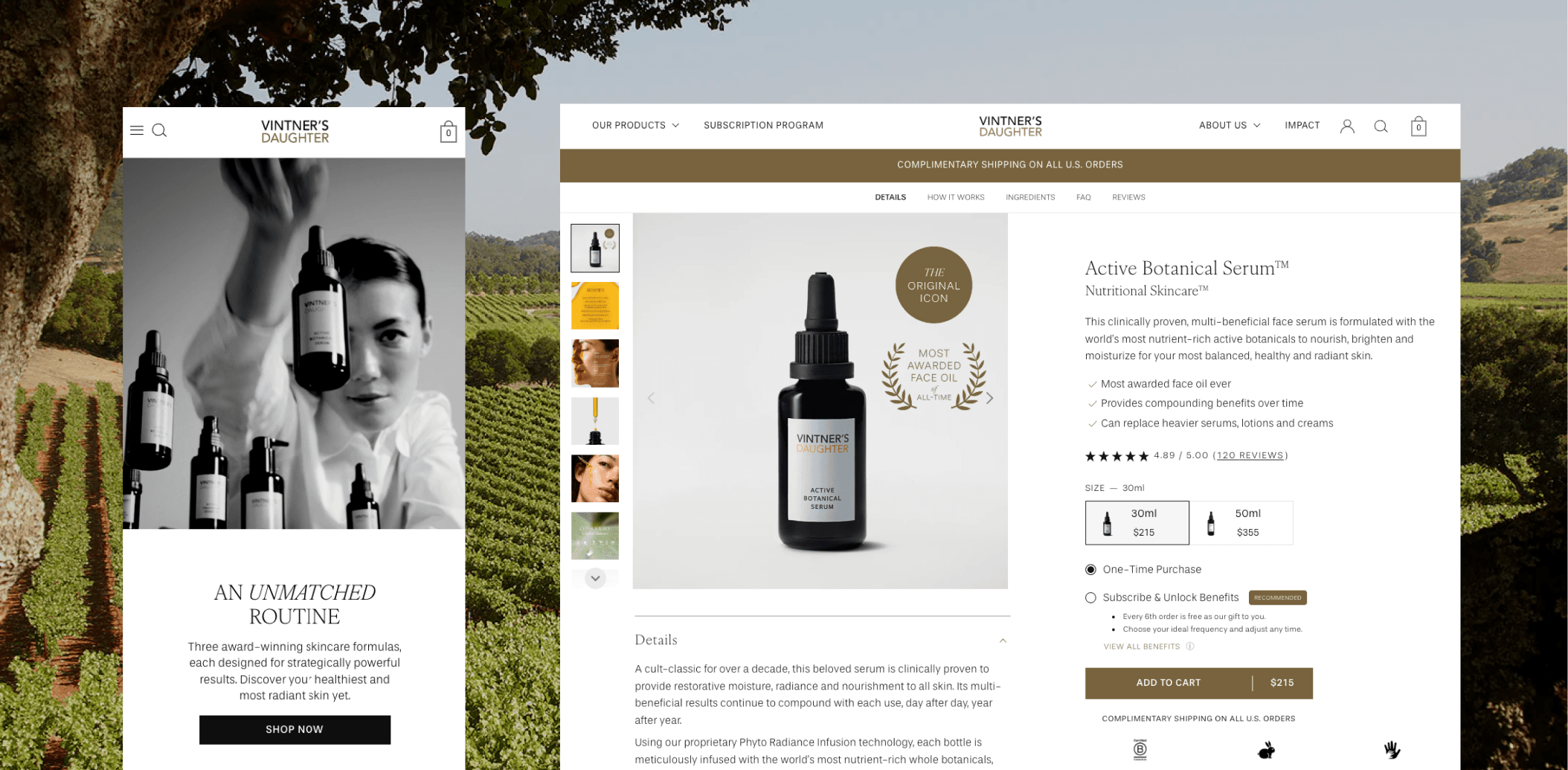 Vintner’s Daughter Shopify homepage showcasing luxury skincare product