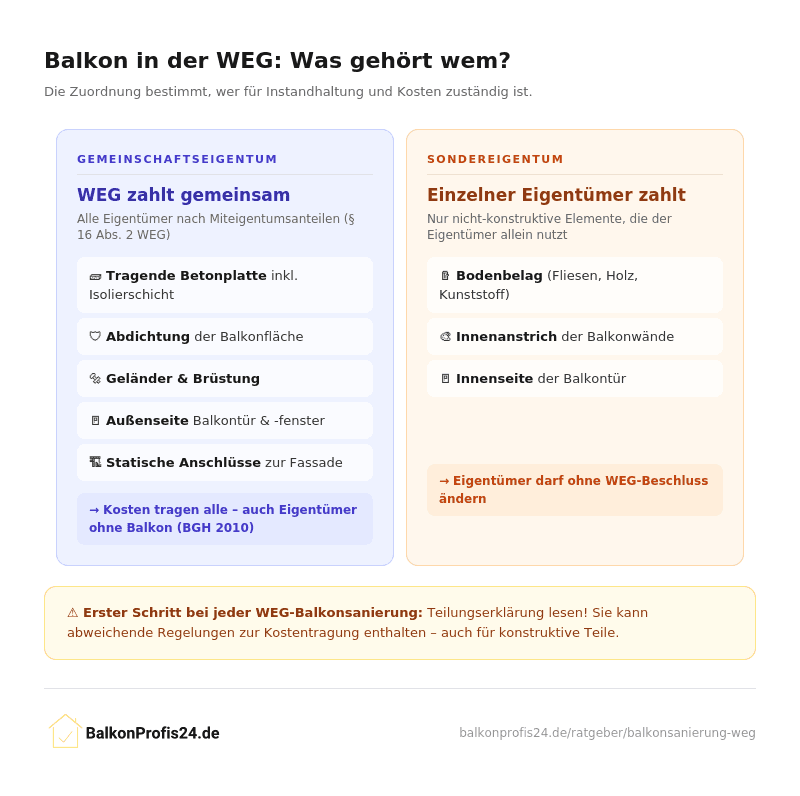 Infografik: Balkon in der WEG – Gemeinschaftseigentum (Betonplatte, Abdichtung, Geländer) vs. Sondereigentum (Bodenbelag, Innenanstrich) mit Zuordnung der Kostentragung