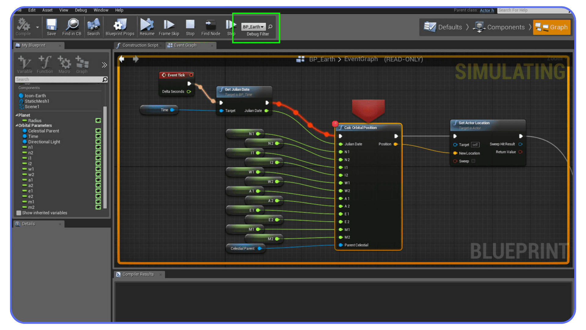 Complex Unreal Engine Blueprint graph used for simulation and calculations