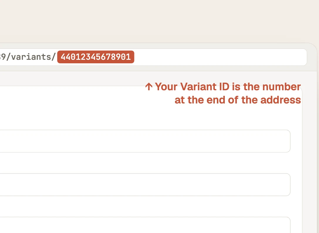Illustration of a Shopify admin variant page, with the Variant ID at the end of the address