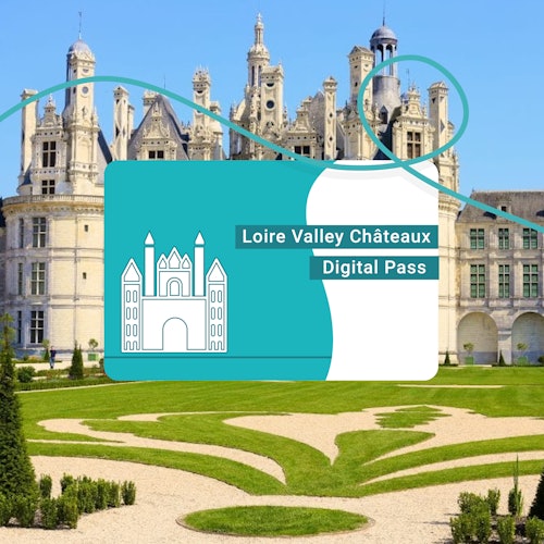Un château orné avec un jardin paysager. Graphique superposé : "Pass digital des Châteaux de la Vallée de la Loire" avec une icône de château simpliste.
