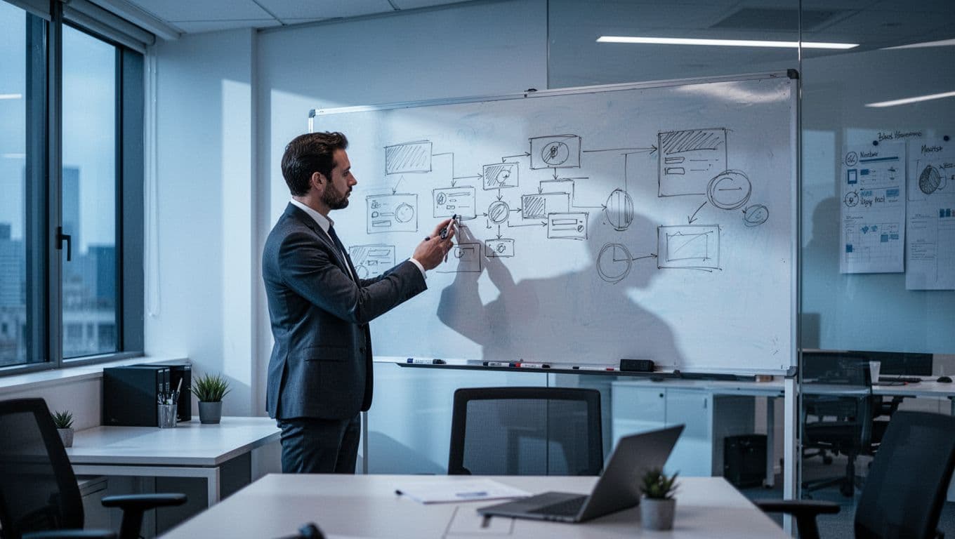 A focused professional stands before a large whiteboard, sketching organized diagrams in a dimly lit office. Soft blue ambient lighting creates a cinematic atmosphere, highlighting the structured workflow and business growth.