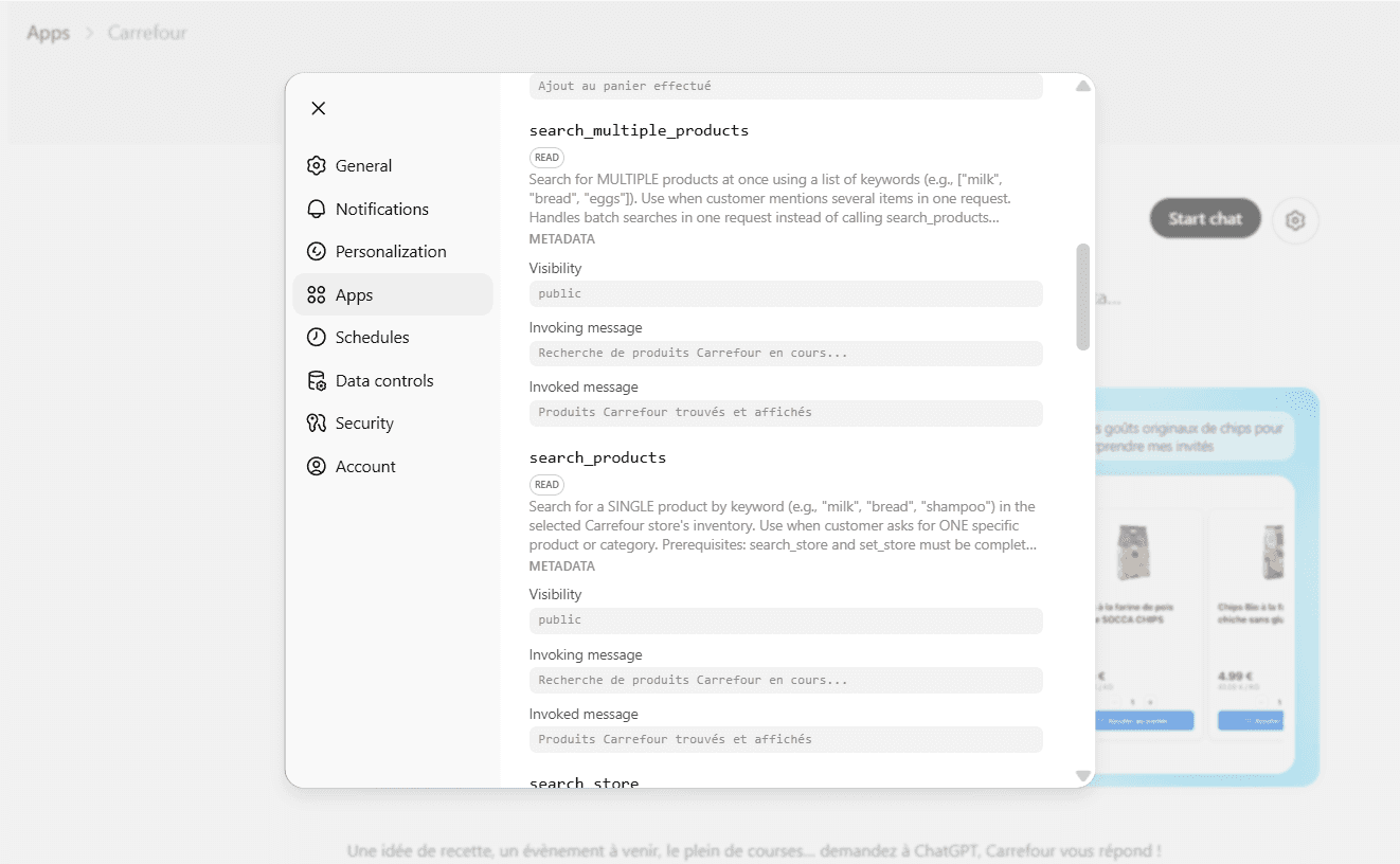 Carrefour ChatGPT App Listed Actions