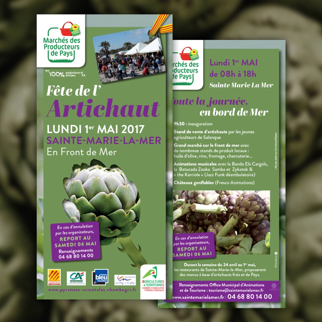Second angle du mockup dépliant Fête de l'Artichaut 2017 — mise en page événementielle pour producteurs locaux de Sainte-Marie-la-Mer, réalisée par Tartelette Concept