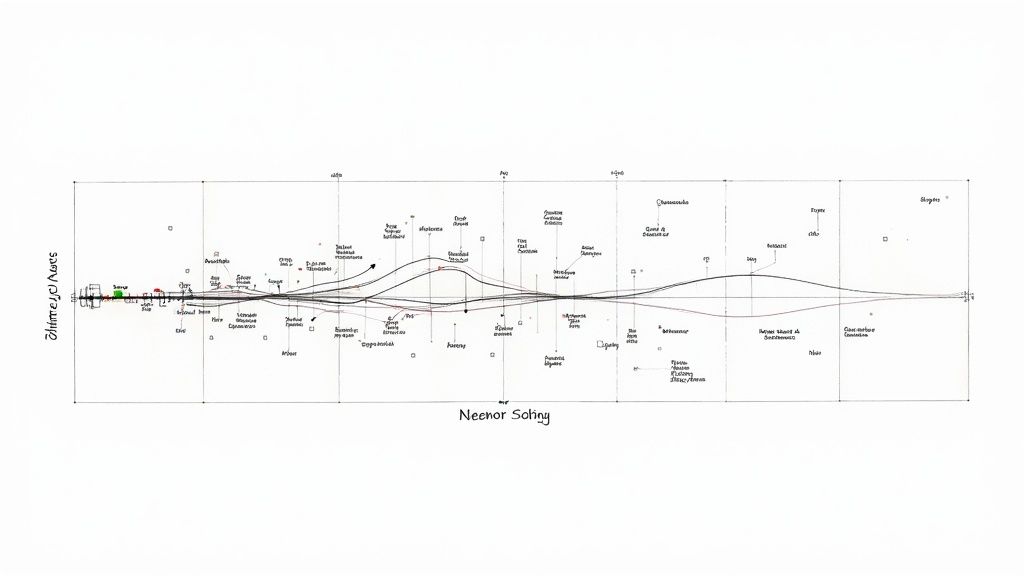 Detailed hand-drawn diagram illustrating a complex timeline with numerous labeled data points and intersecting lines.