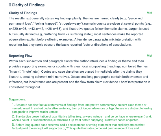 results section feedback in thesify showing clarity of findings rubric and an actionable suggestion to lead each result block with a one-sentence main finding