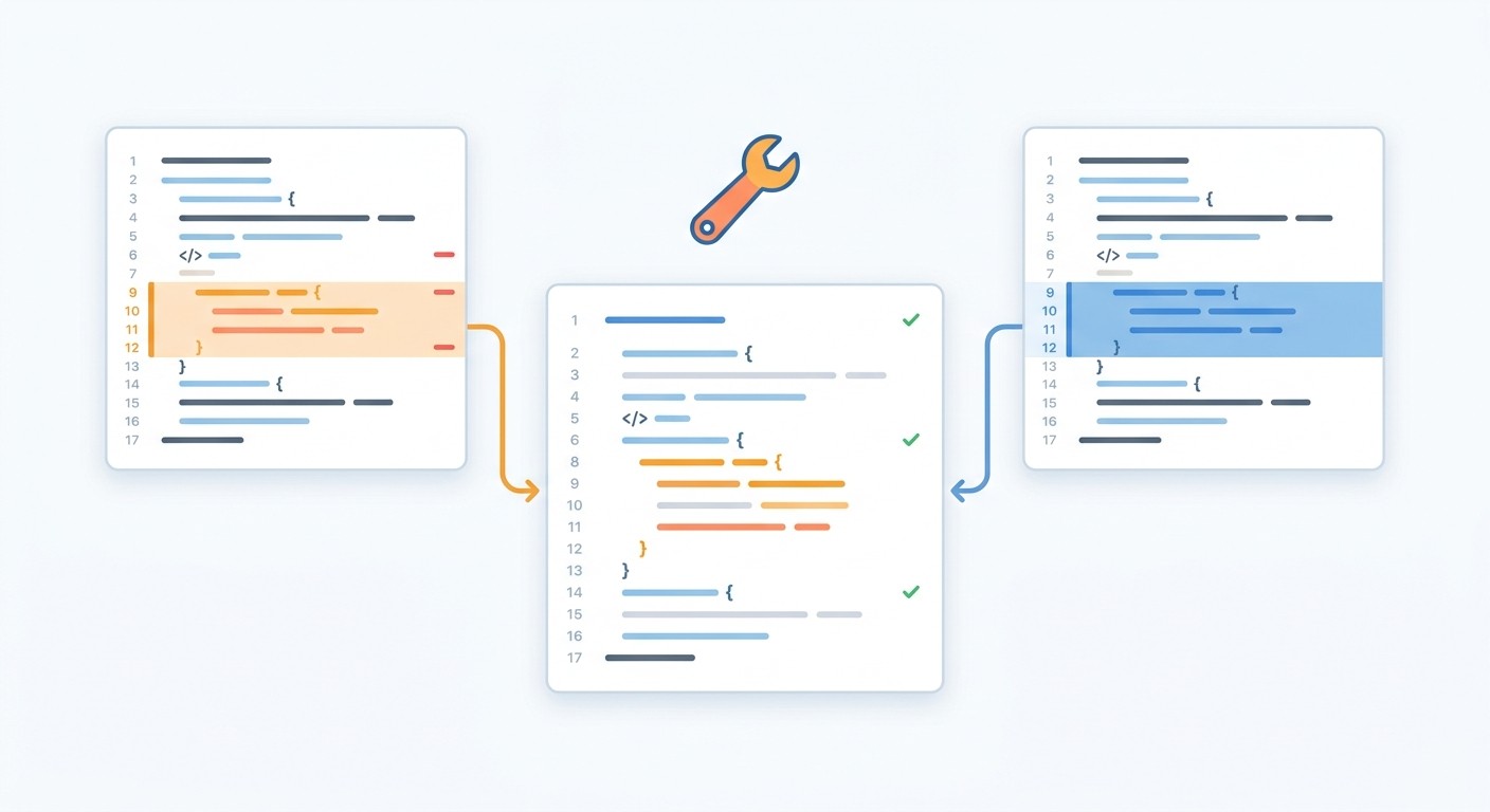 Illustration of resolving a code merge conflict, with two code versions joining into one clean version.
