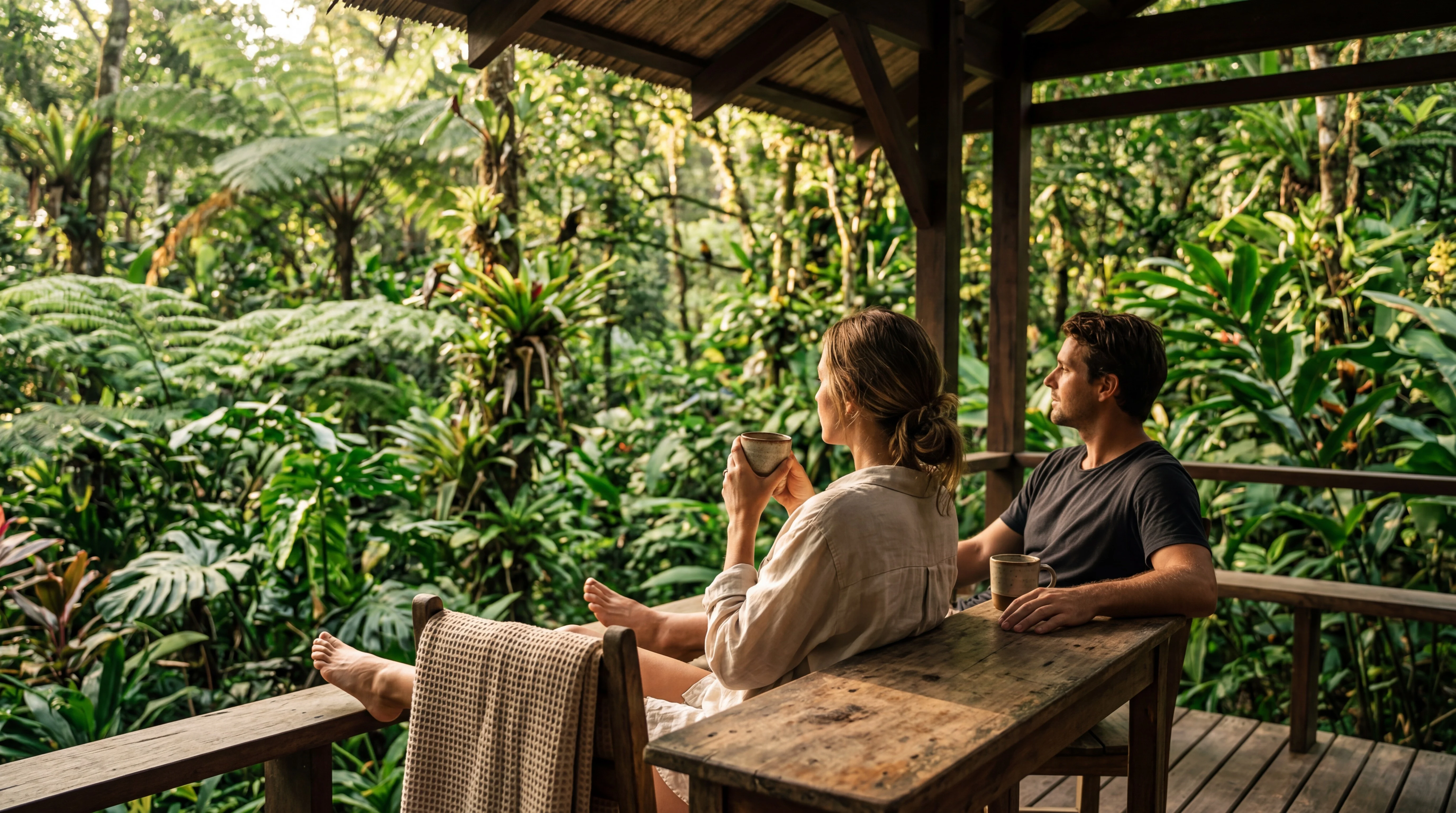 Couple at a worn raw-wood table on Vivara Costa Rica's open-air jungle deck at golden hour — ceramic mugs, emerald canopy overhead, bare feet, no phones — what to expect at Vivara Costa Rica