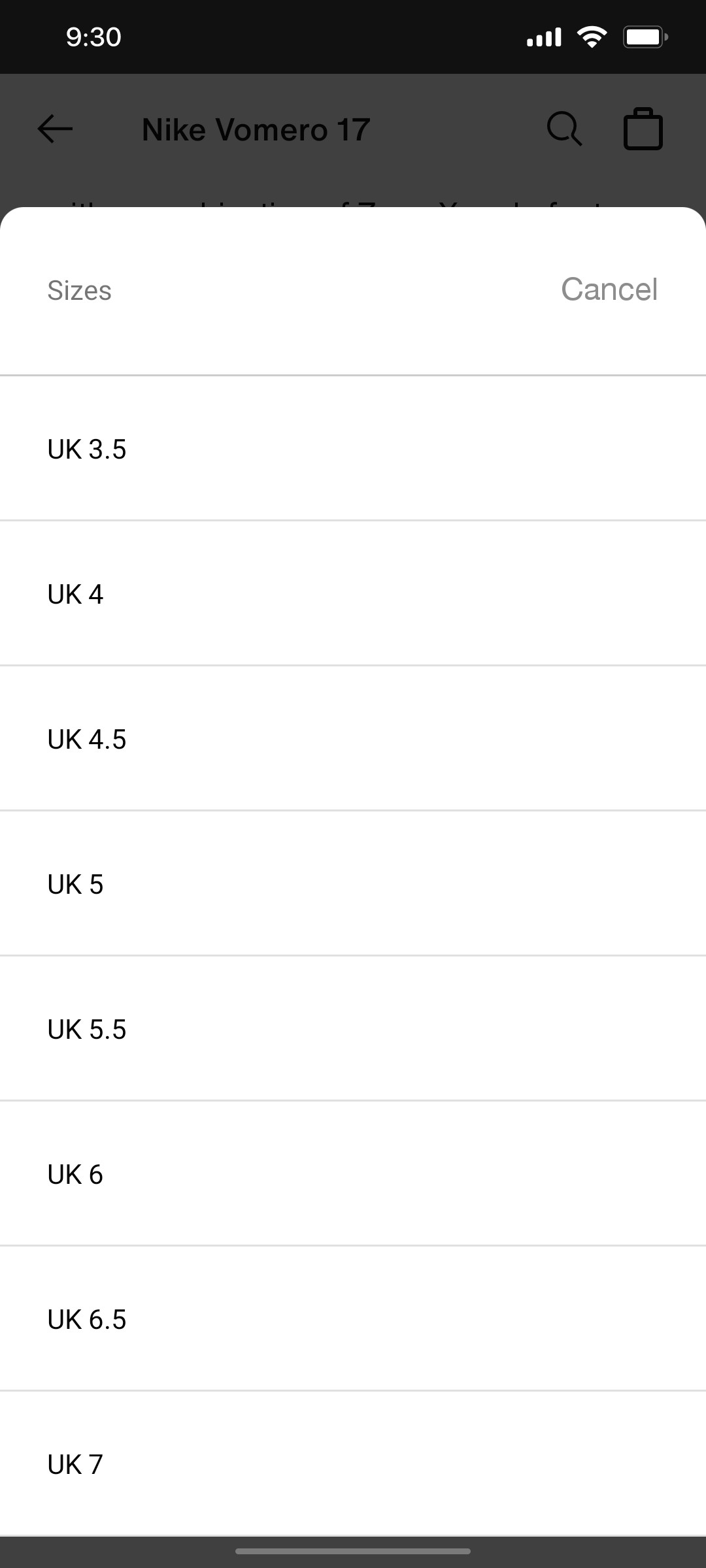 Nike App Size Screen