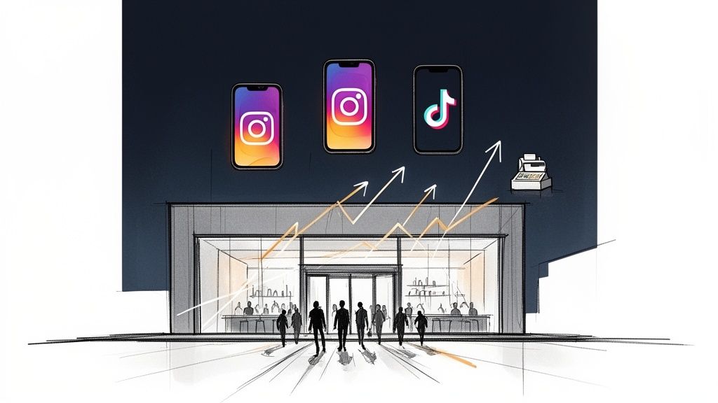 Illustration of Instagram and TikTok apps boosting sales for a busy nightlife venue.
