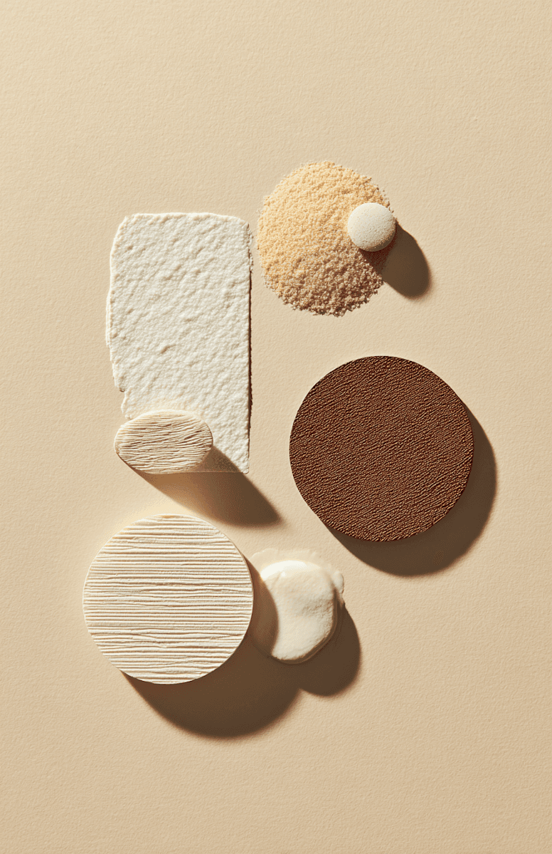 An abstract arrangement of geometric shapes and textures on a beige surface. Elements include a rough white paper rectangle, a brown leather circle, a ribbed white disc, a pile of granules with a pill, and a drop of liquid cream.