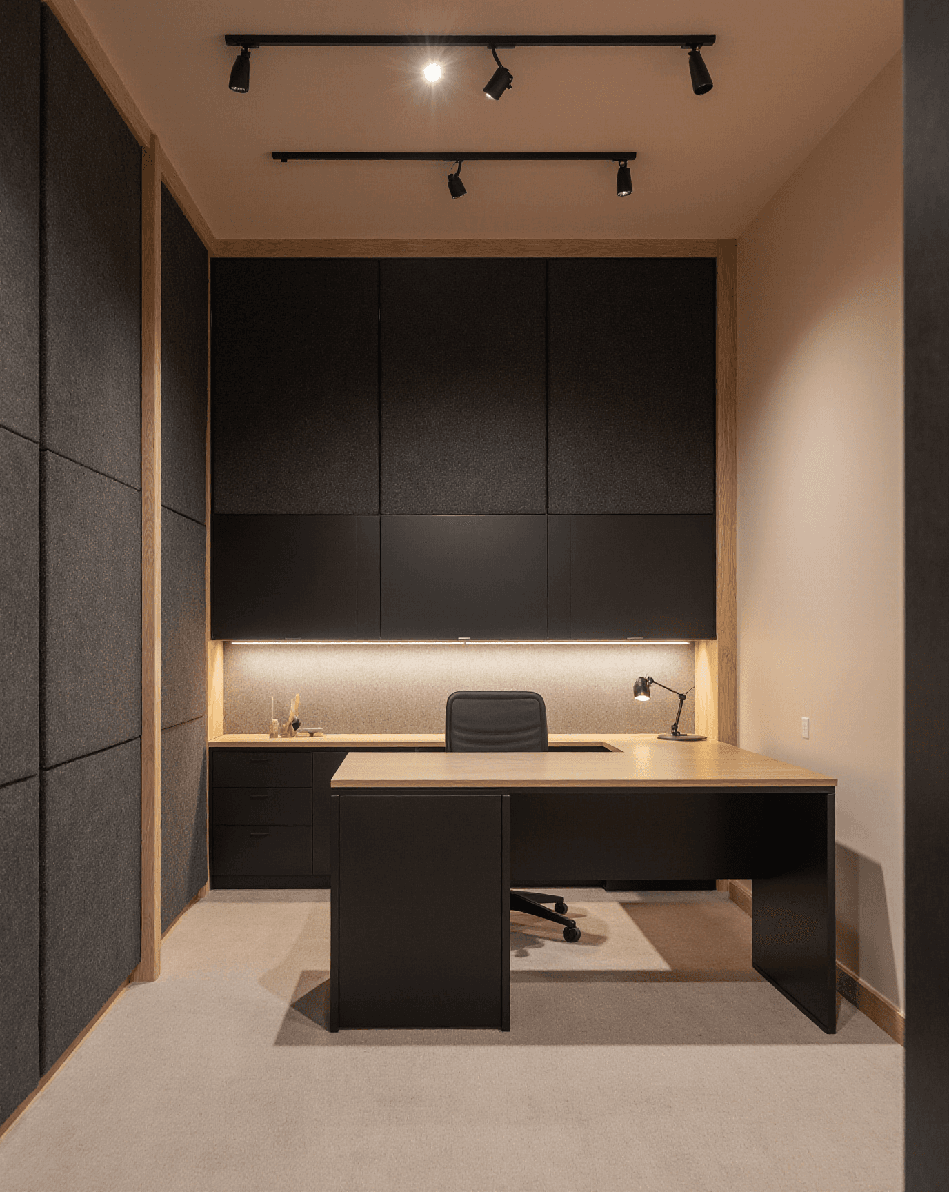 Minimalist office with a wooden desk, black cabinets, and warm spotlighting on acoustic wall panels.