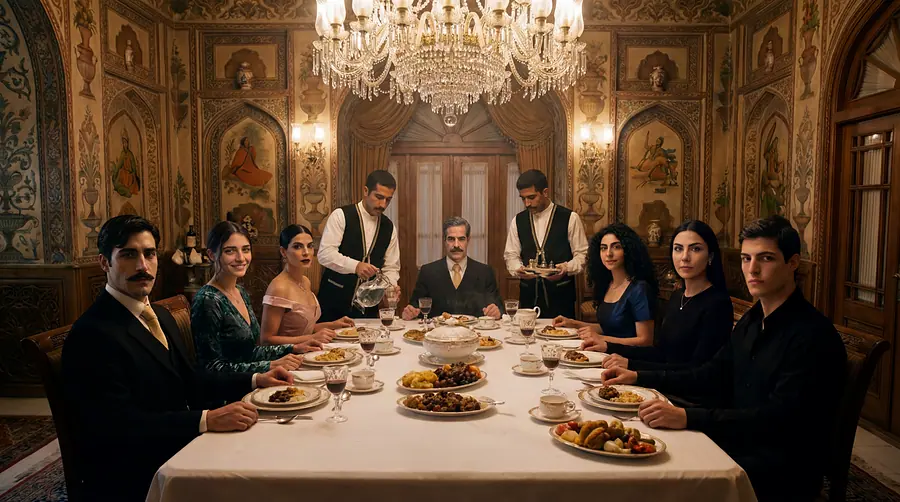 A long table under a chandelier, a household at dinner in a painted room