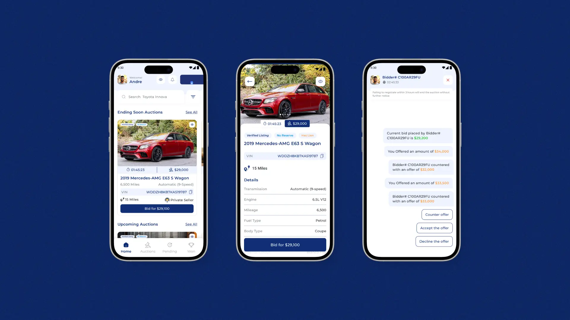 UX design of the Launch mobile application showcasing the real-time bidding screen and the VIN-driven automated car listing process for a frictionless seller experience.