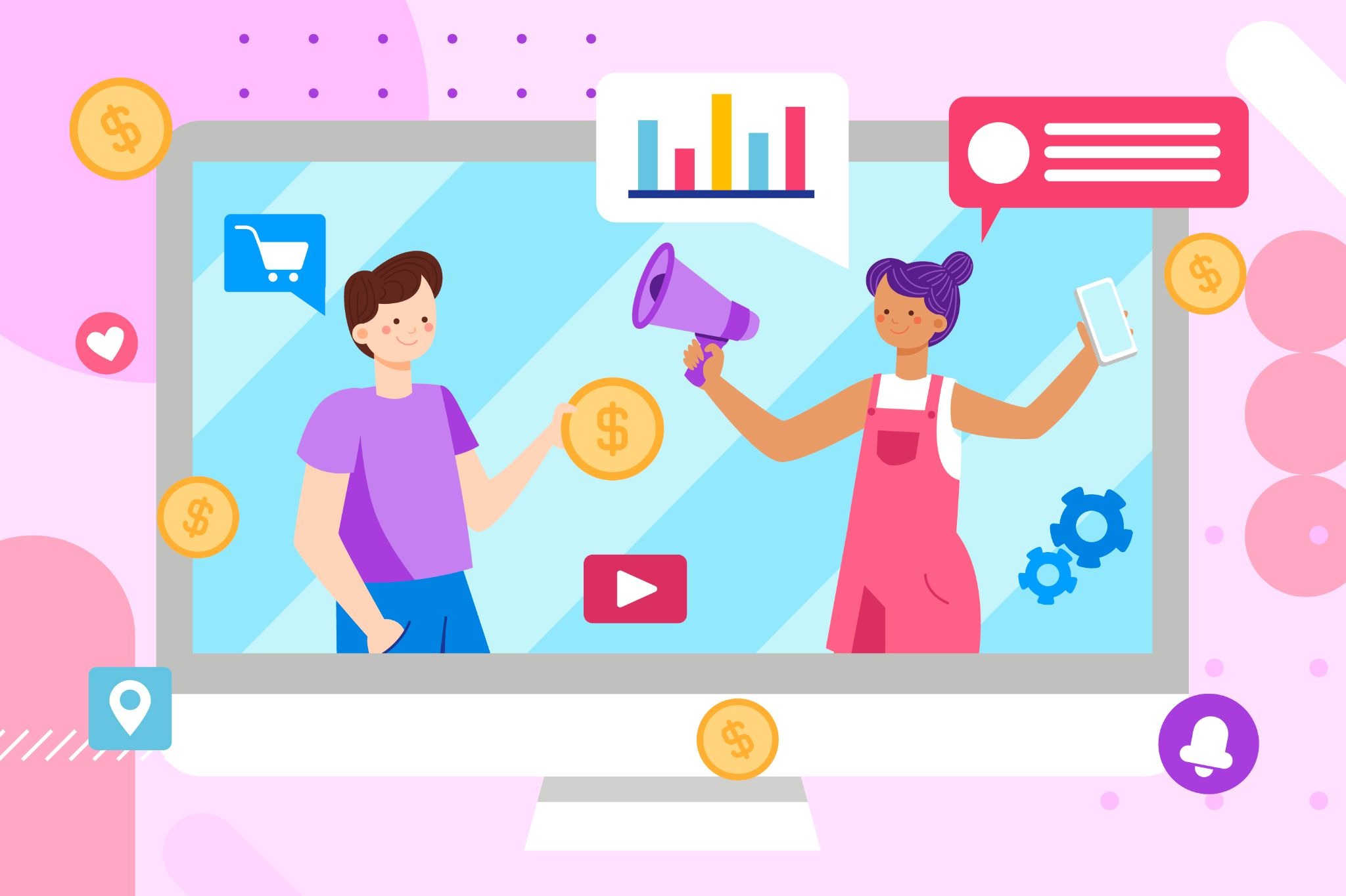 Illustration of two creators on a monitor with a megaphone, coins, bar chart, and social commerce icons