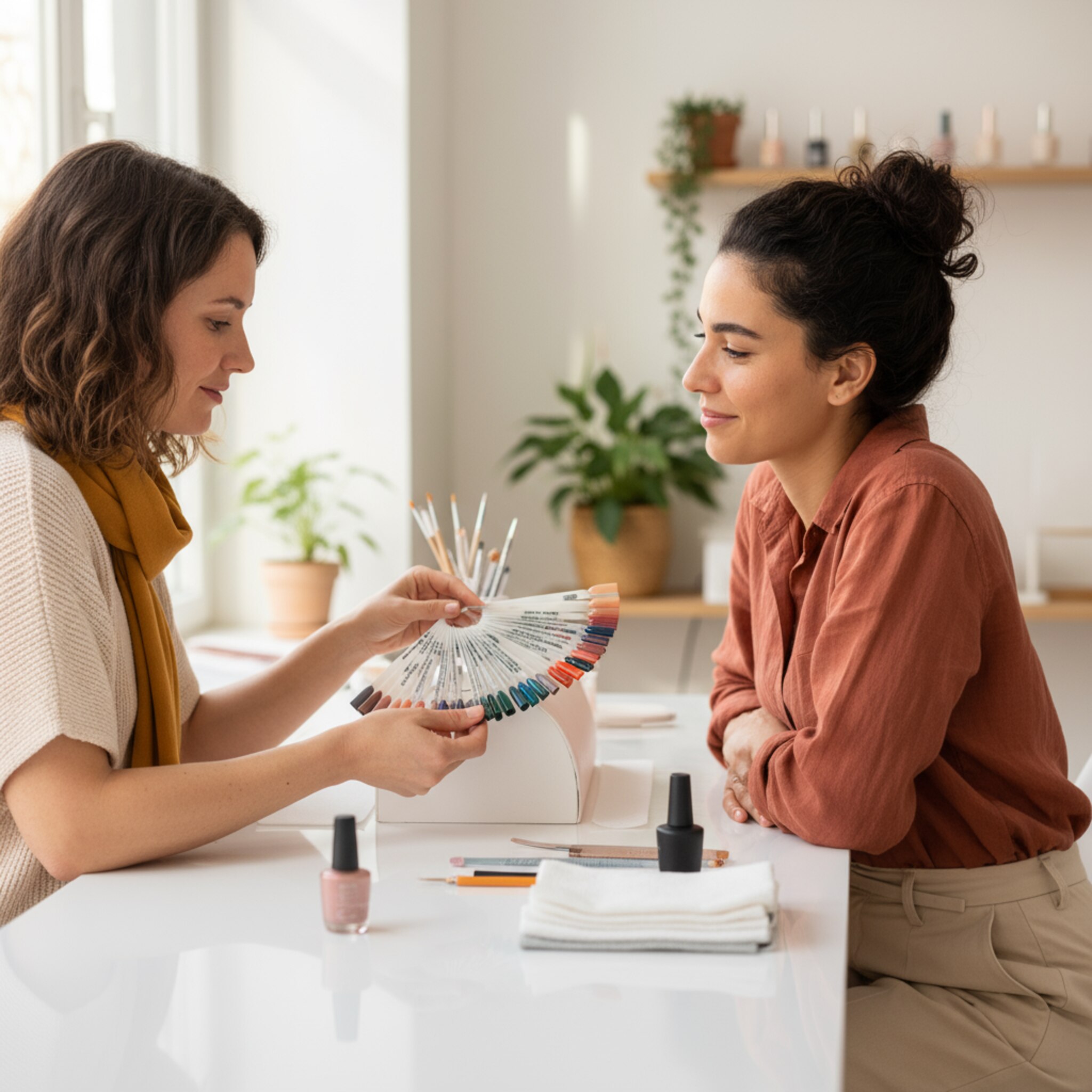 Eine Kundin wählt aus einer Fächerpalette dezenter und kräftiger Töne, während die Stylistin aufmerksam zuhört. Ein cleaner, weißer Tisch mit aufgeräumten Pinseln und Tüchern schafft Ordnung. Durch das Fenster fällt warmes Licht auf die Szene. Alles wirkt konzentriert, freundlich und ästhetisch.