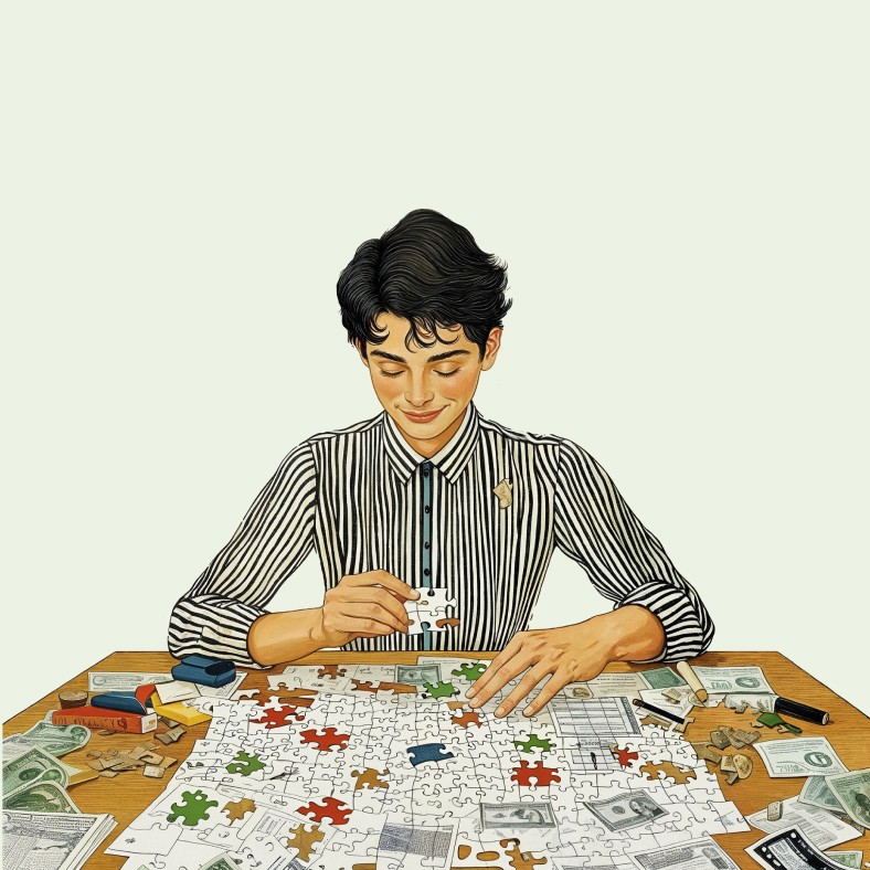 An illustration of a young man putting together a puzzle that represents his tax strategy